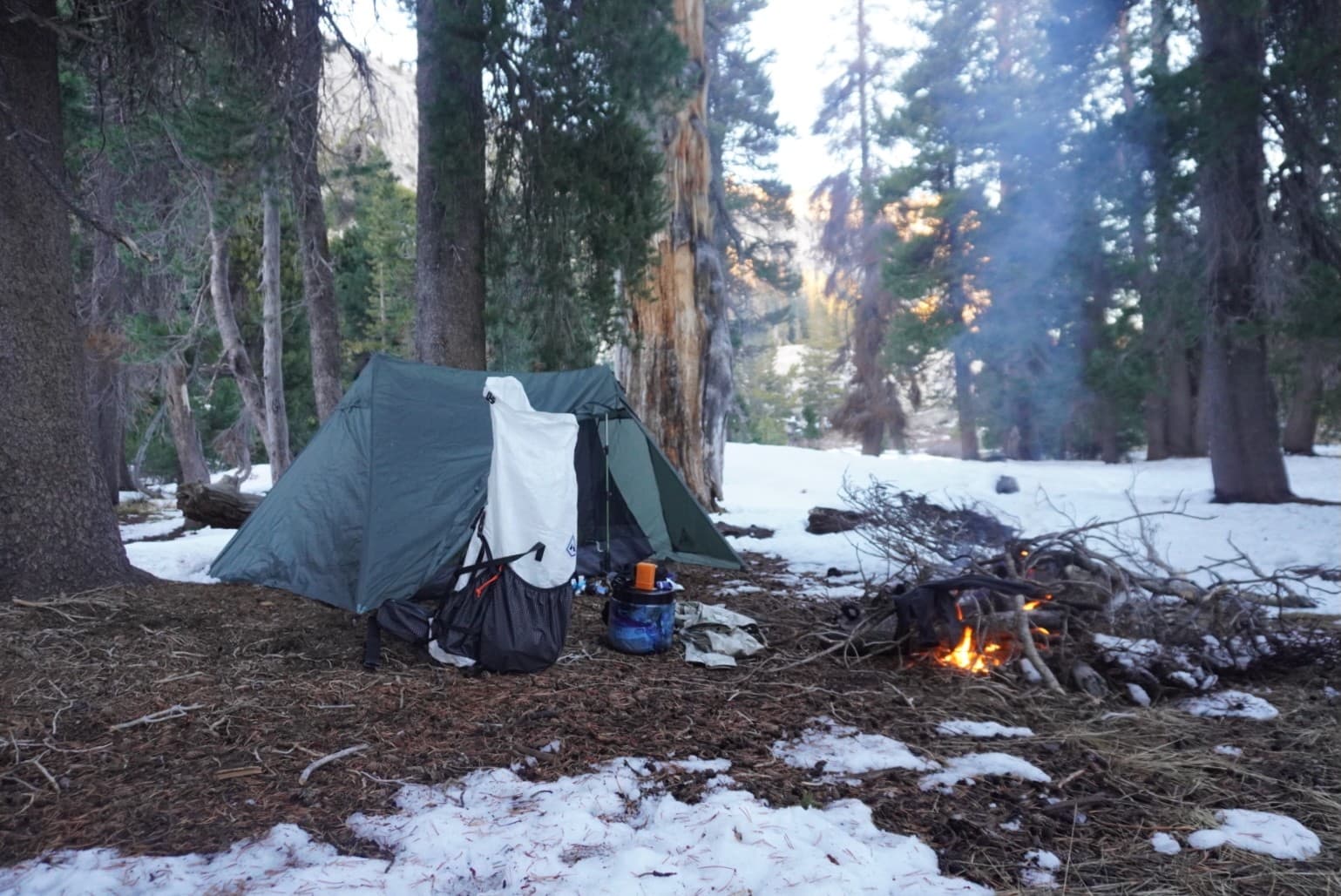 Snow camp with a fire
